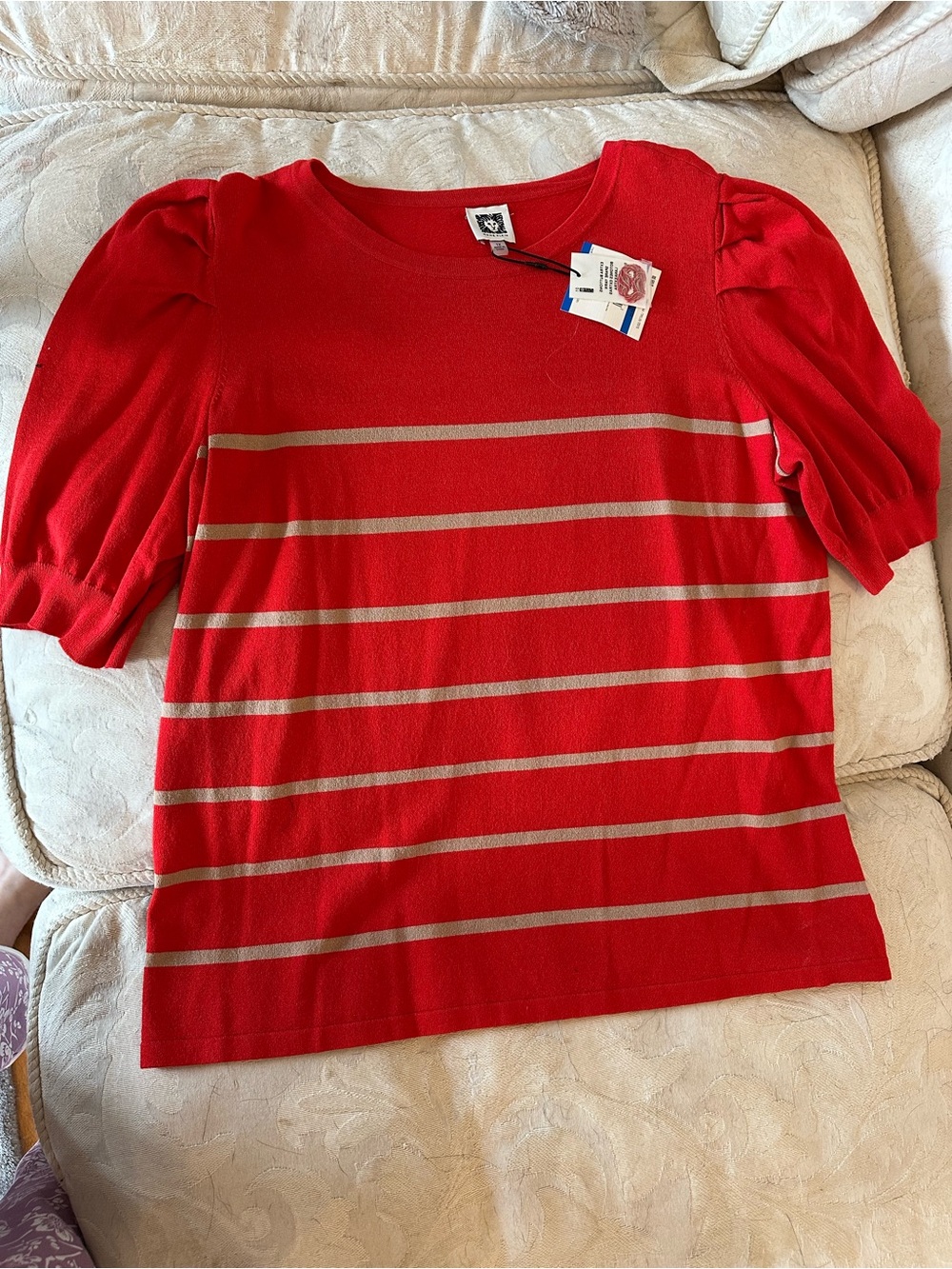 Anne Klein Red Short Sleeve Sweater Top with Tan Stripes